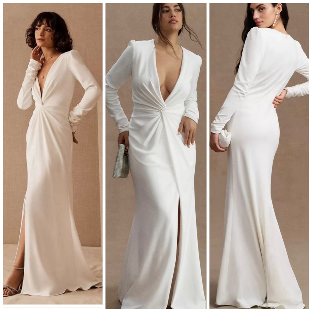 Like New Tadashi Shoji Anthropologie Dawson Long Sleeve Ivory Crepe Wedding Gown